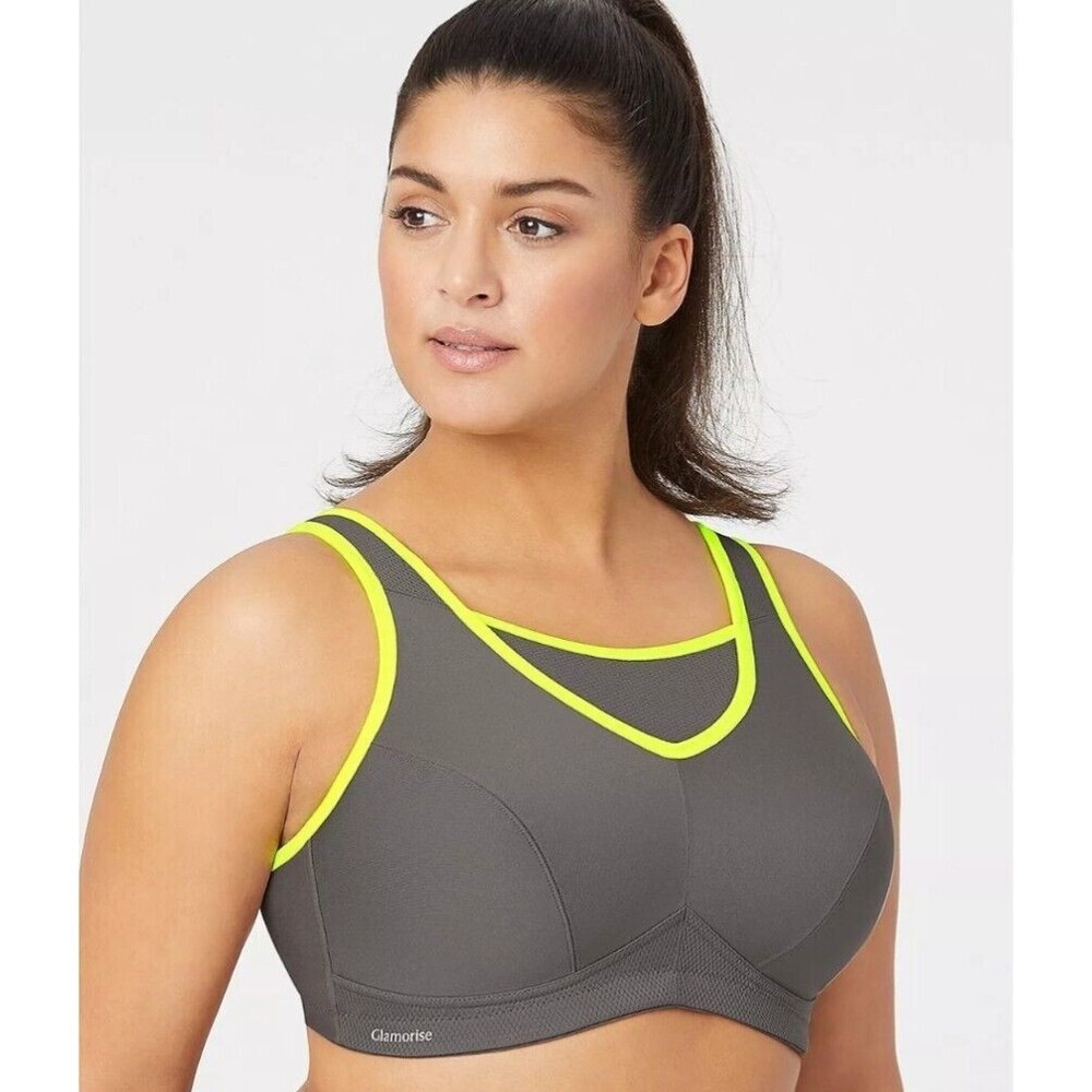 GLAMORISE Womens Grey/Yellow Trim No Bounce‎ Cami Sports Bra 44H Workout Fitness